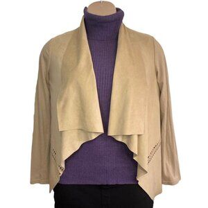 BLACK SWAN Durani Faux Suede Waterfall Drape Open Front Jacket Small Tan Cut-out